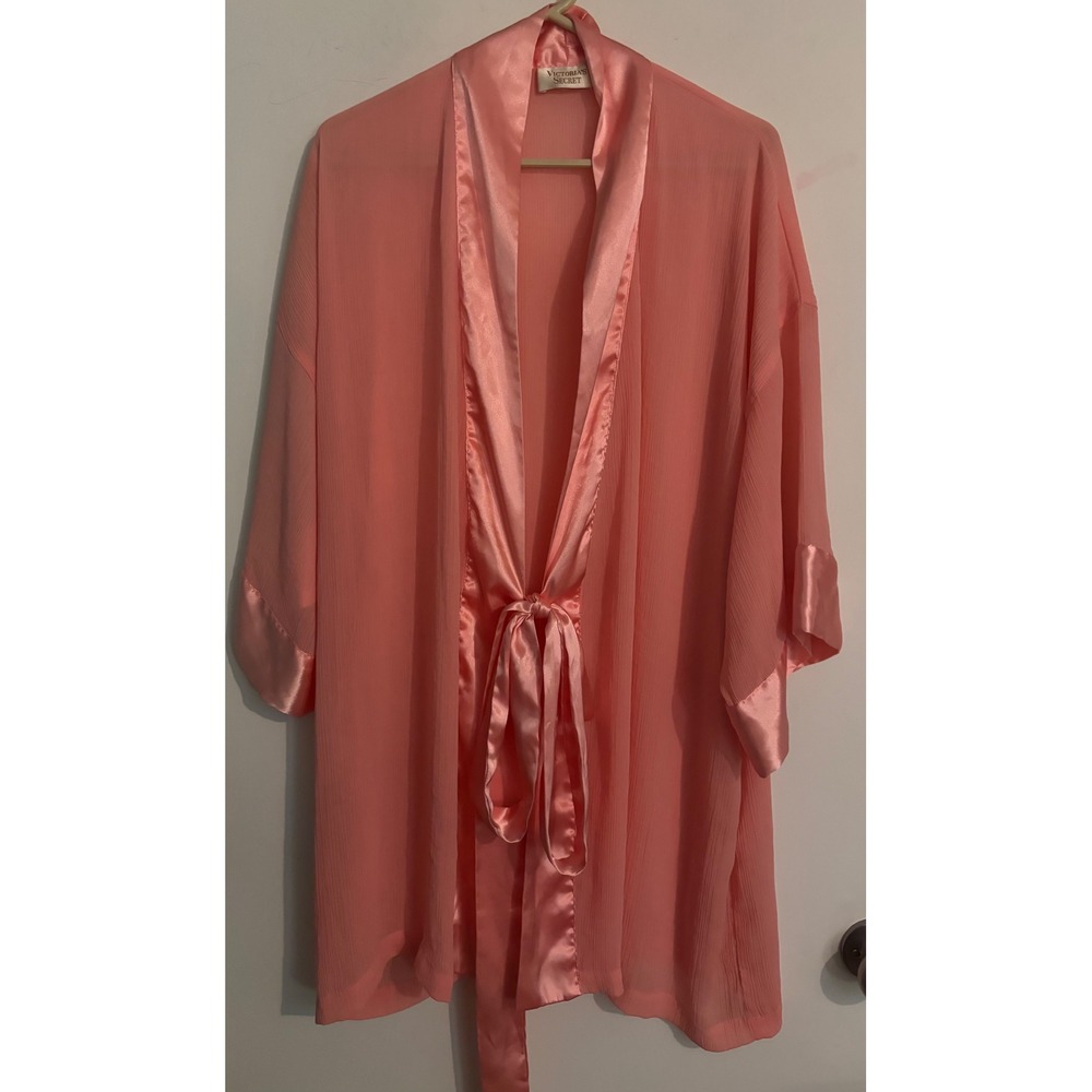 Victoria's Secret Vintage Gold Label Pink Satin Trim Kimono Belted Robe One Size